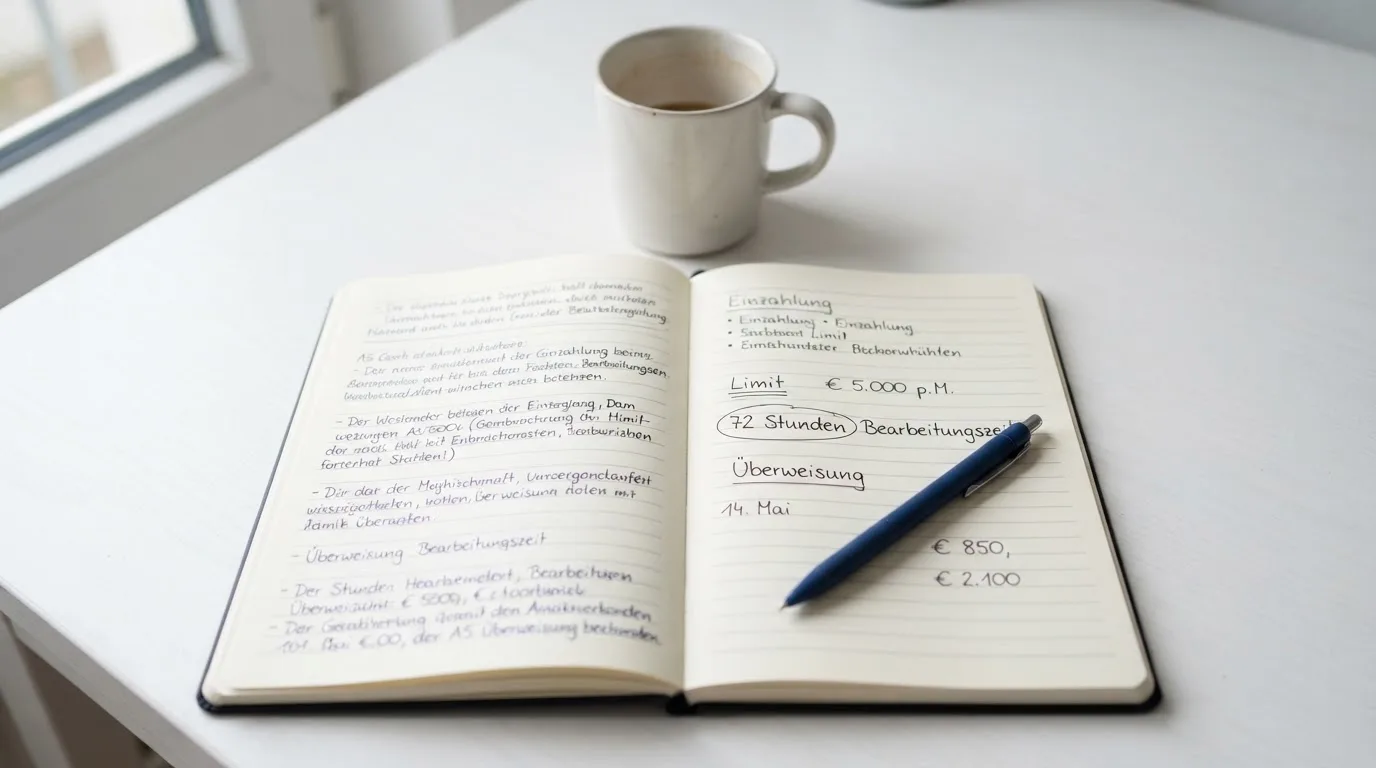 Ein aufgeschlagenes Notizbuch mit handschriftlichen Notizen und ein Kugelschreiber liegen auf einem hellen Schreibtisch neben einer Kaffeetasse.