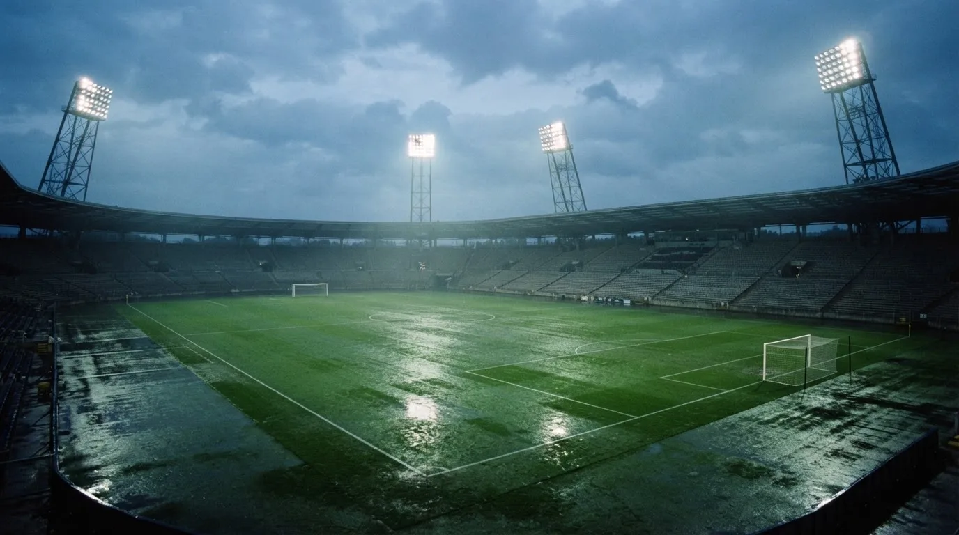 Ein Fußballplatz mit Flutlichtmasten in der Abenddämmerung, aus der Ferne gesehen, leere Tribünen und nasser Rasen unter bewölktem Himmel.