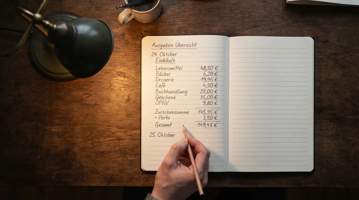 Ein Taschenrechner und ein Blatt Papier mit handschriftlichen Notizen liegen auf einem Schreibtisch unter dem warmen Licht einer Lampe.
