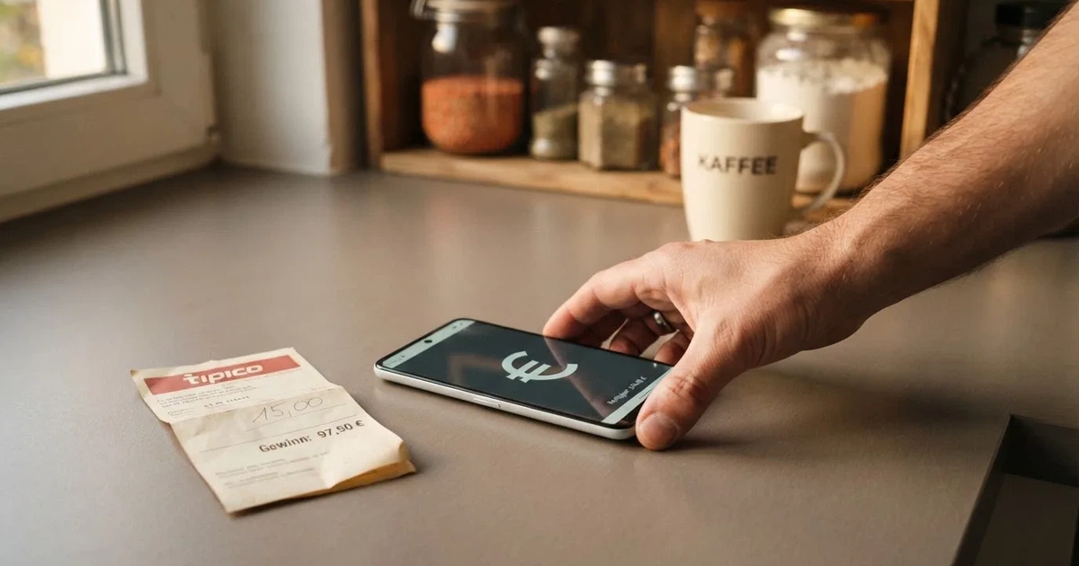 Eine Hand legt ein paar Münzen neben ein umgedrehtes Smartphone auf eine graue Tischplatte, dahinter verschwommen ein Küchenregal.