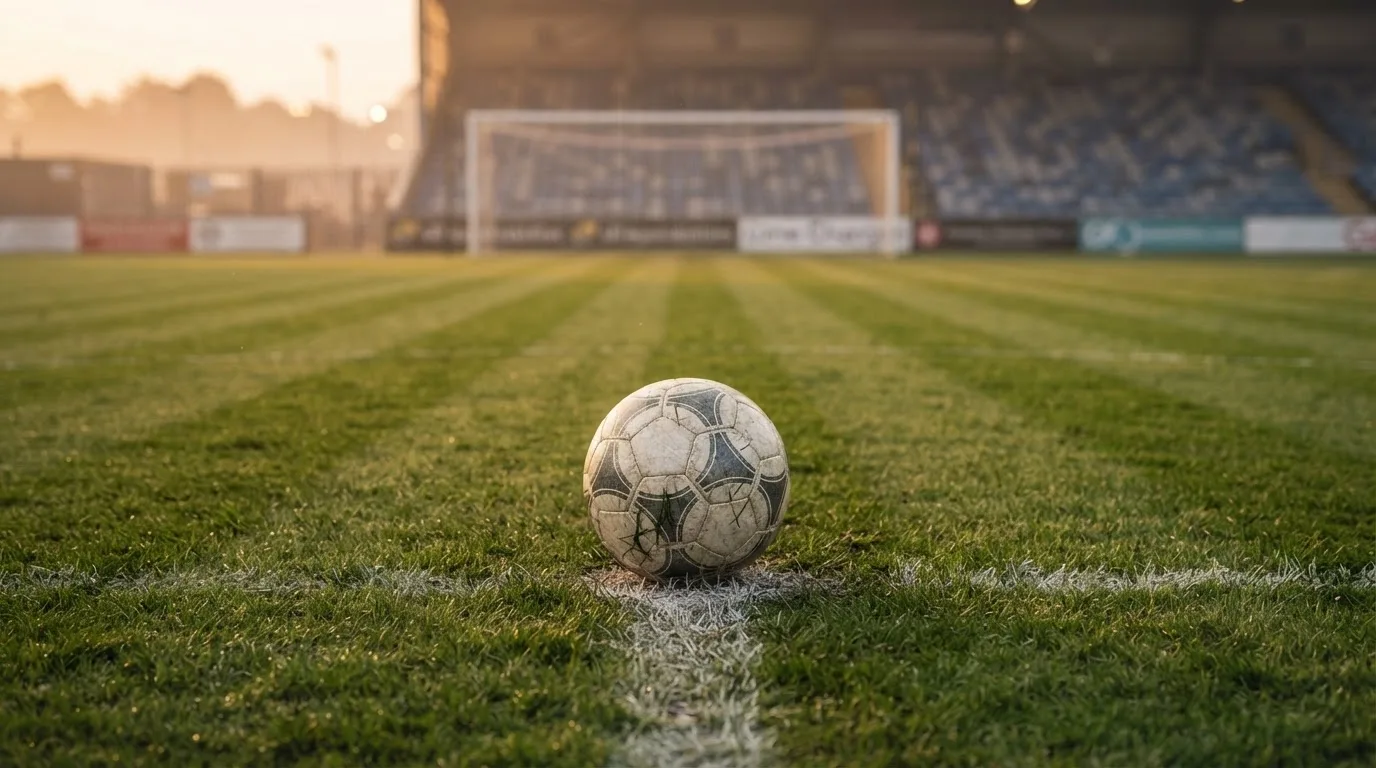 Ein Fußball liegt auf dem Elfmeterpunkt eines leeren Rasenplatzes, im Hintergrund eine Tribüne im Dunst.