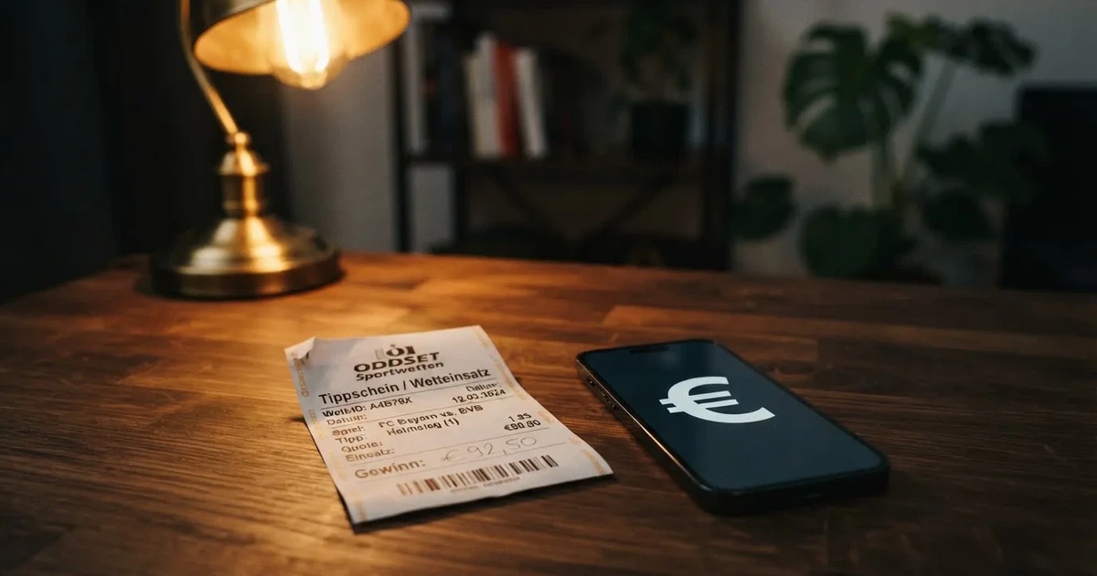 Ein leerer Wettschein aus Papier liegt neben einem Stapel Euro-Münzen auf einem dunklen Holztisch, seitlich von einer Schreibtischlampe beleuchtet.