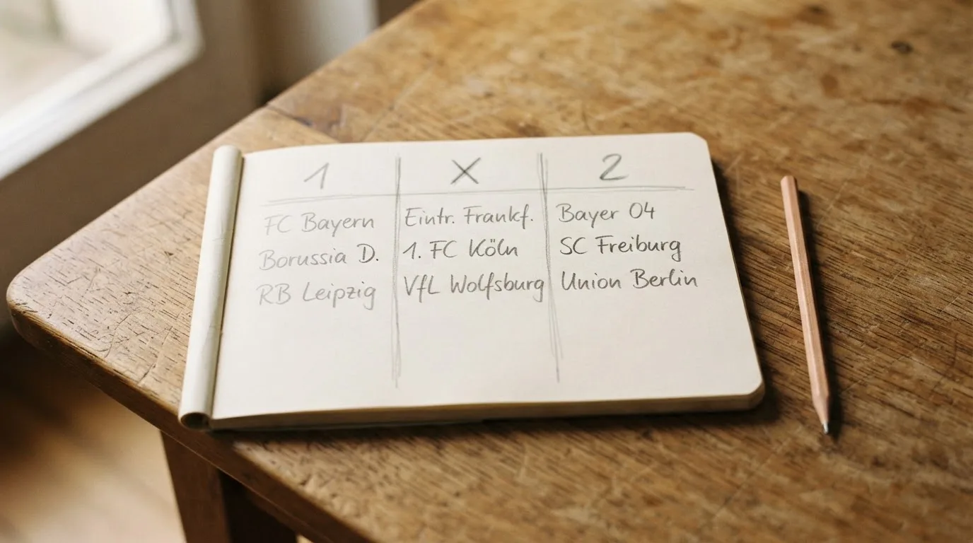 Ein Notizbuch mit drei handgezeichneten Spalten und ein Bleistift liegen auf einem Holztisch, seitlich fällt Tageslicht herein.