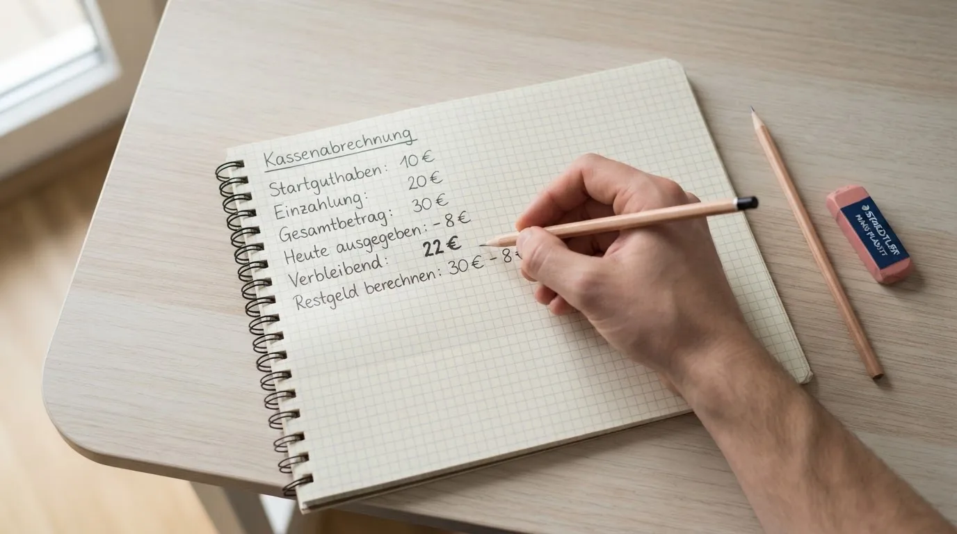 Eine Hand schreibt mit Bleistift Rechenschritte in ein kariertes Heft, daneben liegen ein Radiergummi und ein Taschenrechner.