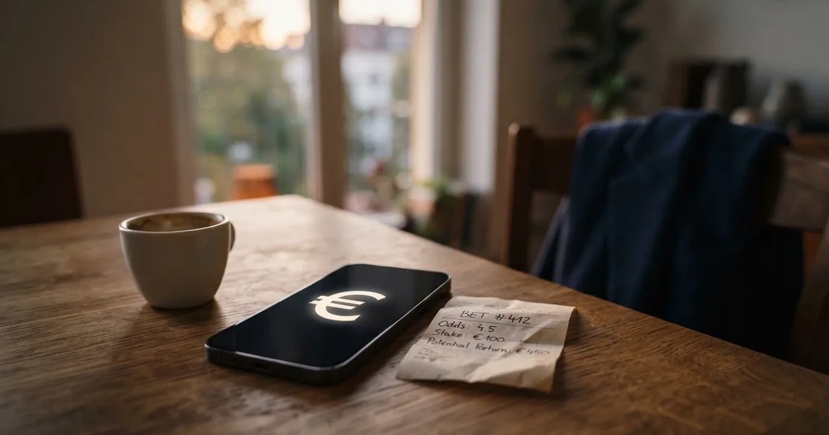 Zwei Euro-Scheine und ein Smartphone liegen auf einem Holztisch neben einer Tasse, im Hintergrund ein unscharfes Fenster.