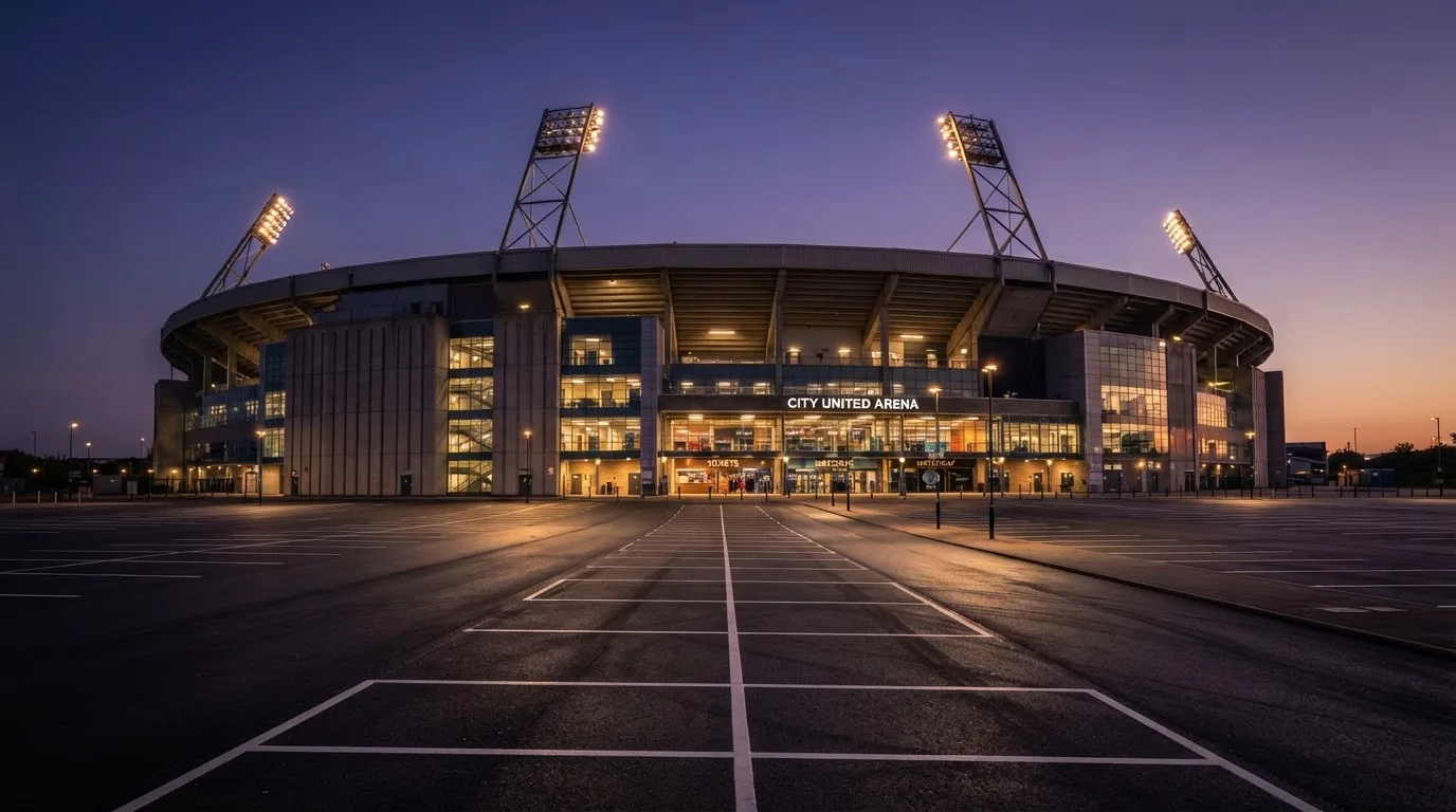 Ein Fußballstadion von außen in der Dämmerung, hohe Flutlichtmasten vor einem violetten Himmel, davor ein leerer Parkplatz.