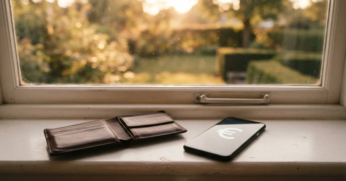 Eine Geldbörse aus Leder liegt geöffnet neben einem Smartphone auf einer Fensterbank, im Hintergrund ein Garten im Gegenlicht.