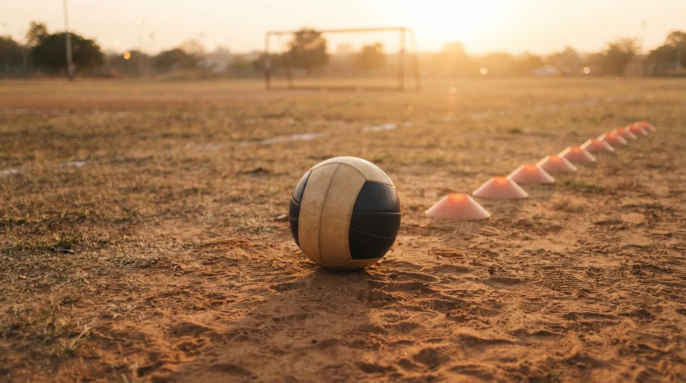 Ein Fußball auf rotem Sandboden neben einer Reihe Hütchen auf einem Trainingsplatz bei untergehender Sonne.