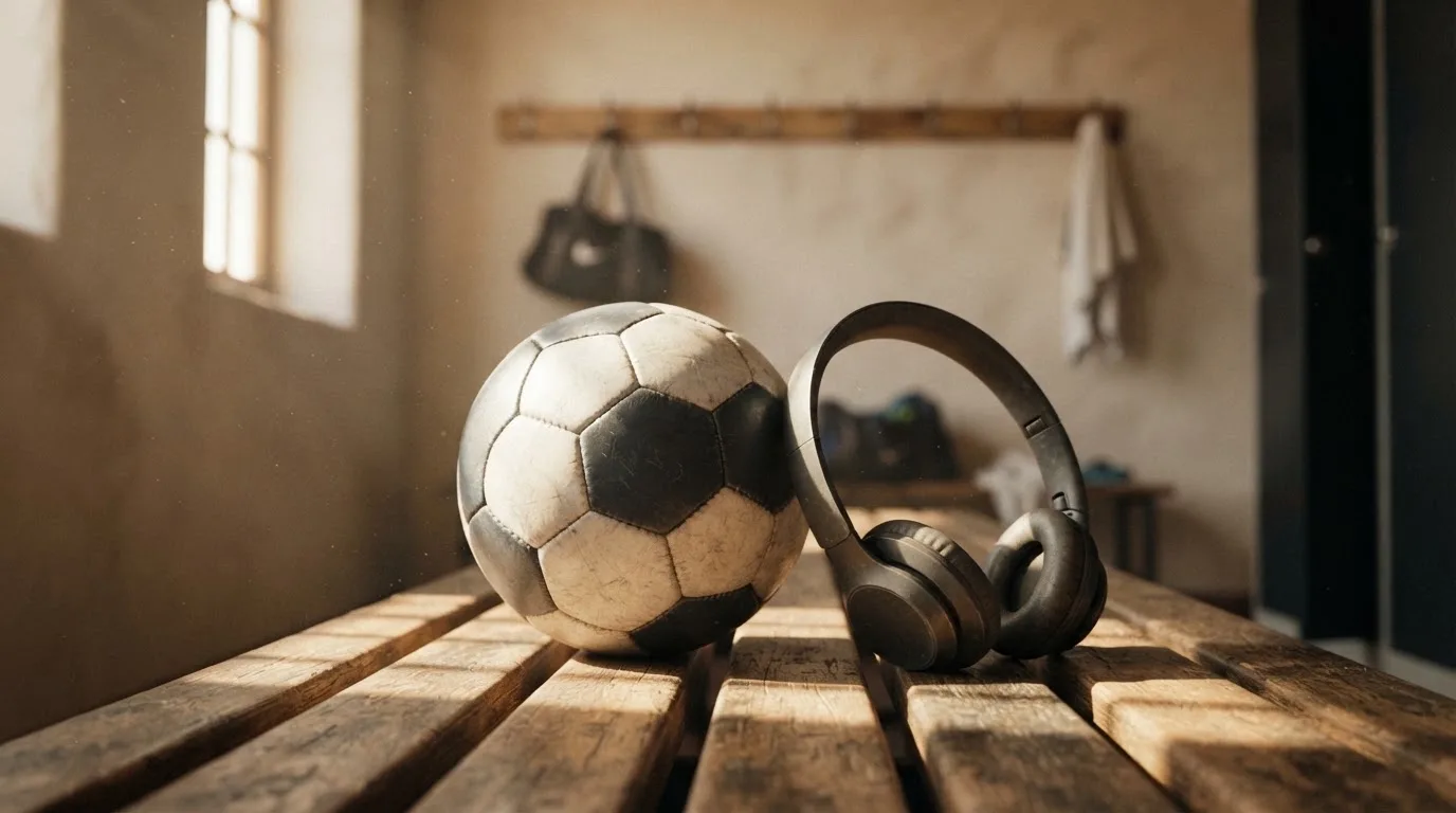 Ein Fußball liegt neben Kopfhörern auf einer Holzbank in einer Umkleide, Licht fällt durch ein schmales Fenster.