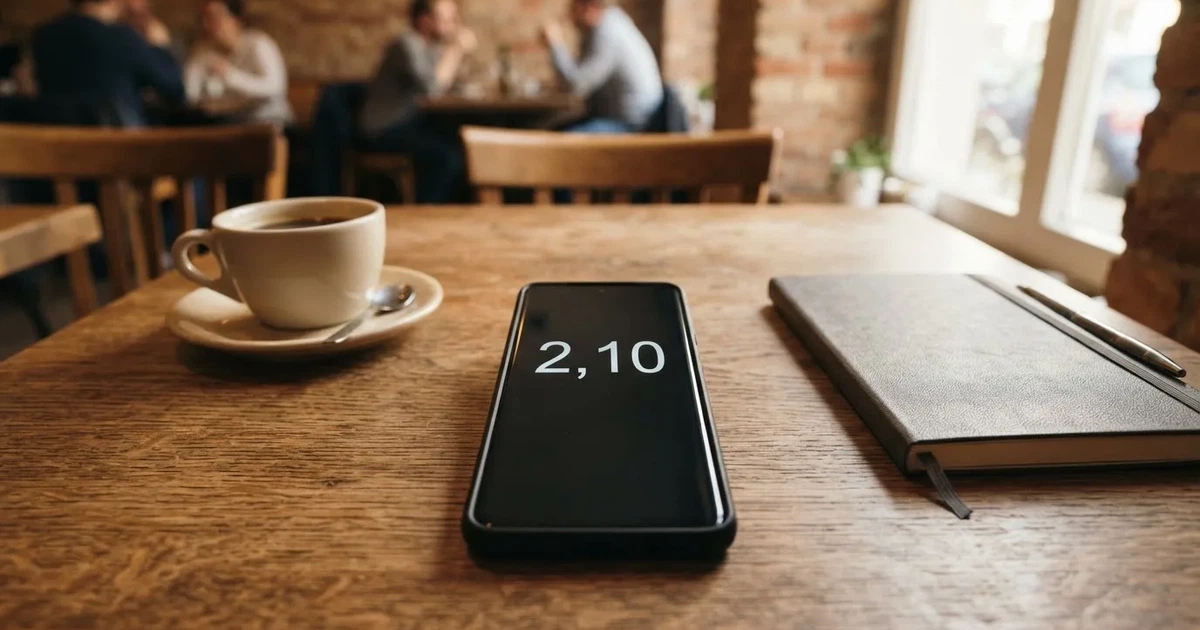 Ein Smartphone mit dunklem Bildschirm liegt auf einem Tisch in einem Café, daneben eine Tasse und ein Notizbuch.