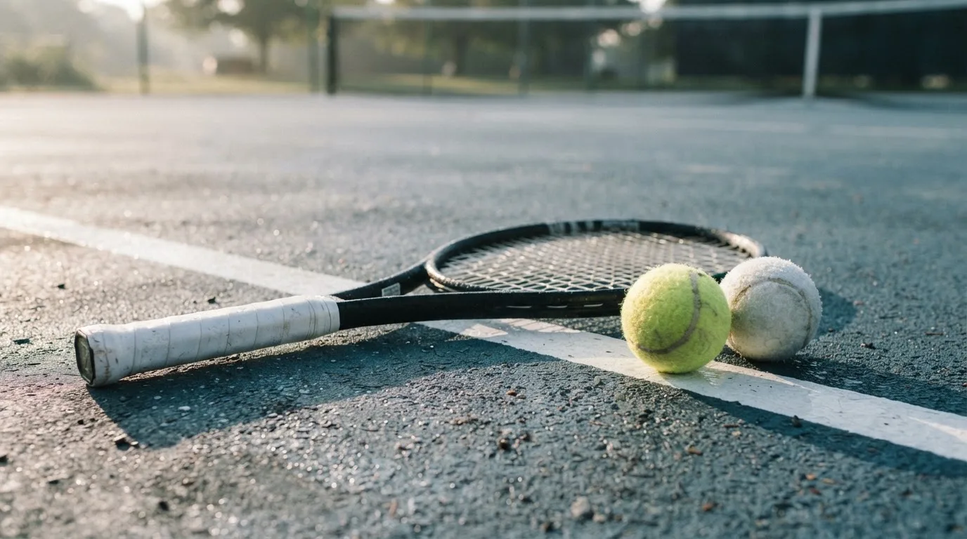 Zwei Tennisbälle und ein Schläger liegen auf der Grundlinie eines Hartplatzes, kleine Wassertropfen glänzen auf dem Belag.