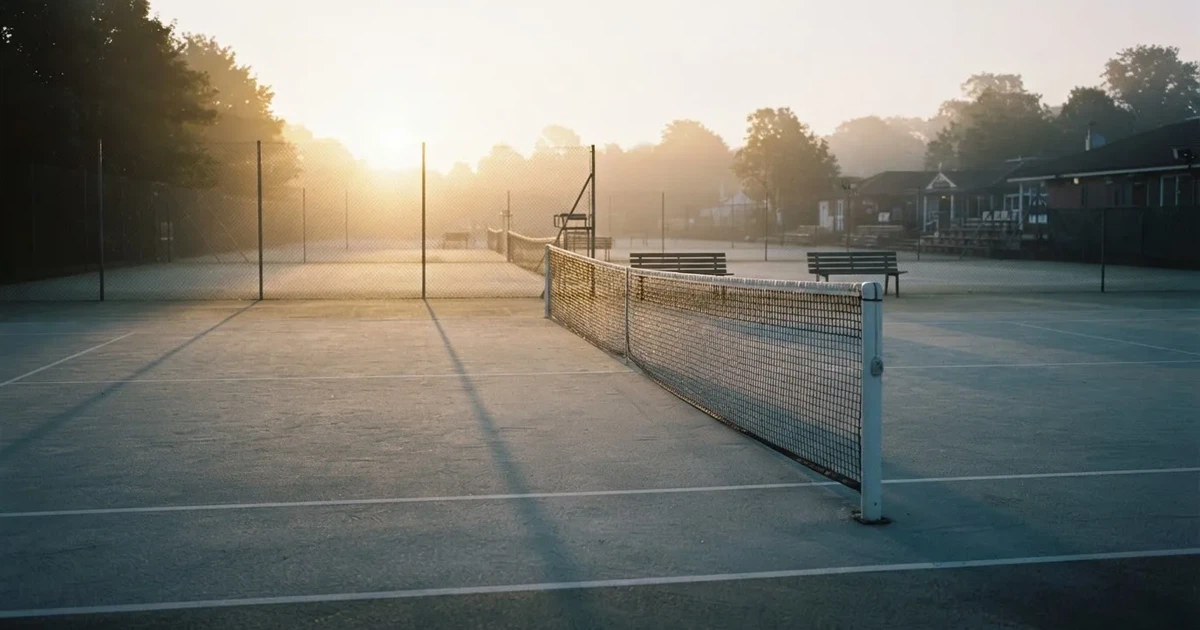 Ein leerer Tennisplatz mit Hartplatzbelag in der Morgendämmerung, das Netz im Gegenlicht und lange Schatten der Linien.