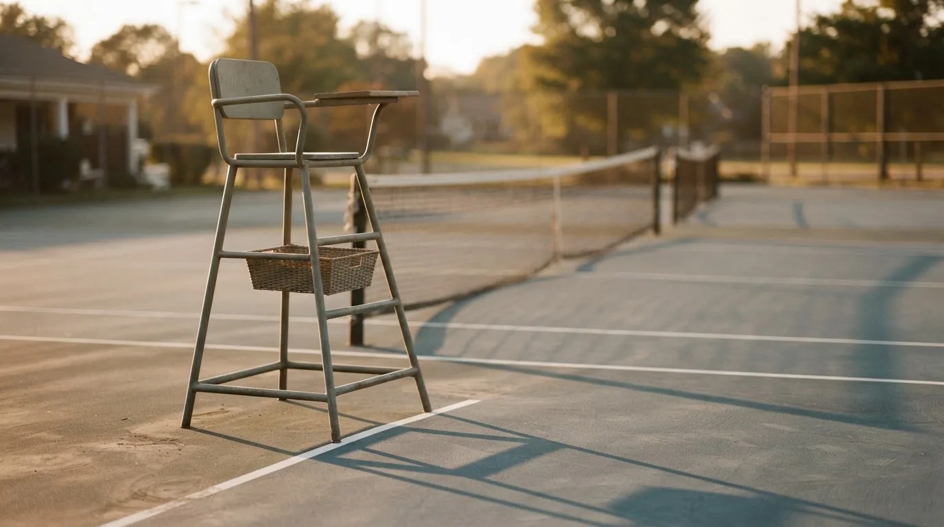 Ein leerer Schiedsrichterstuhl am Spielfeldrand eines Tennisplatzes im Abendlicht, lange Schatten auf dem Belag.