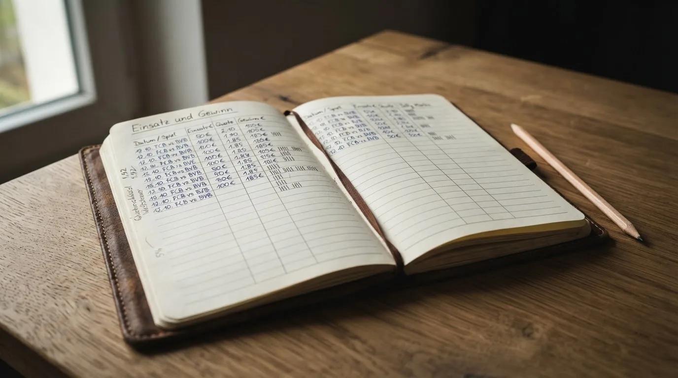 Ein handschriftlich geführtes Heft mit Strichlisten liegt neben einem Bleistift auf einem Tisch, seitlich fällt Tageslicht herein.