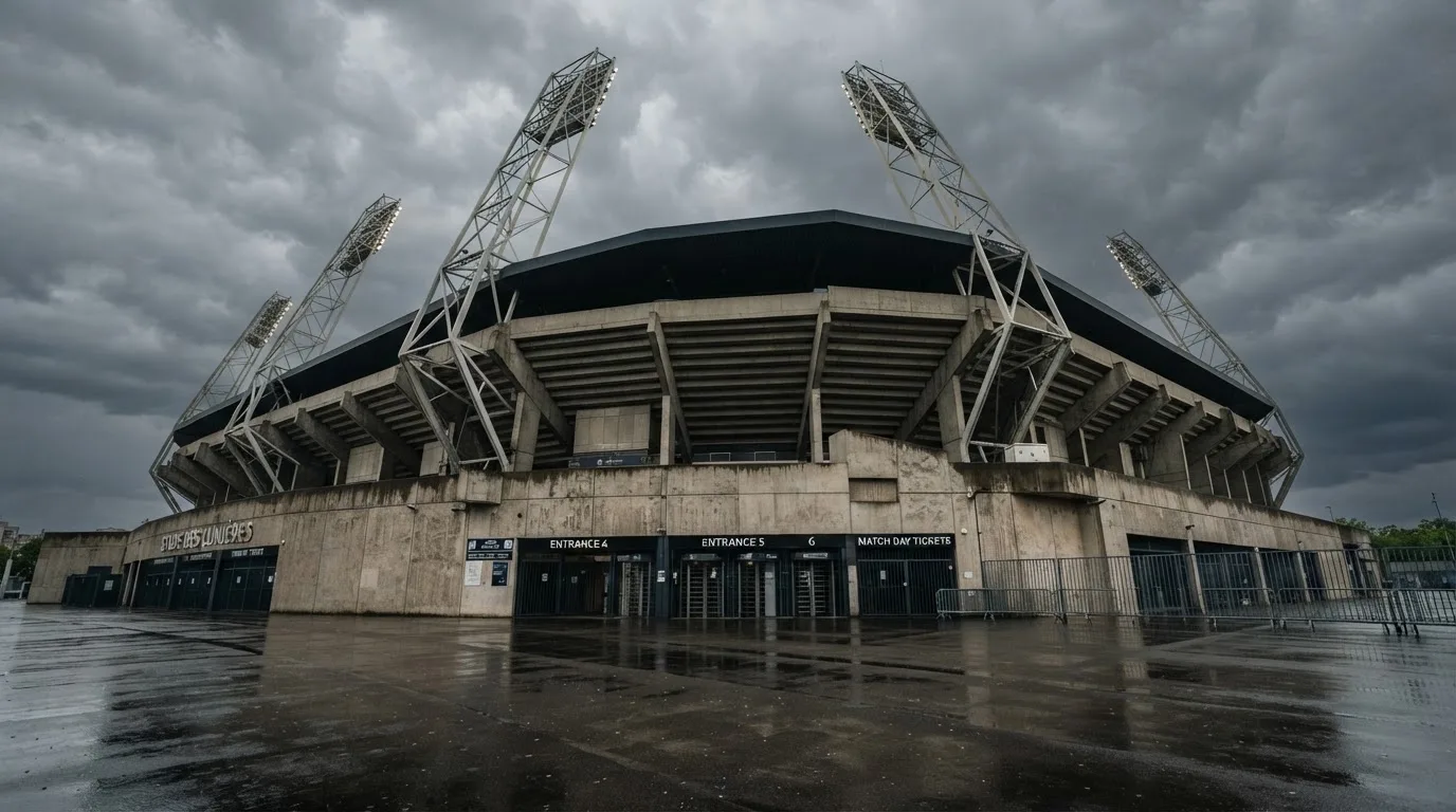 Ein leeres Stadion von außen, hohe Flutlichtmasten vor einem grauen Himmel mit Regenwolken.