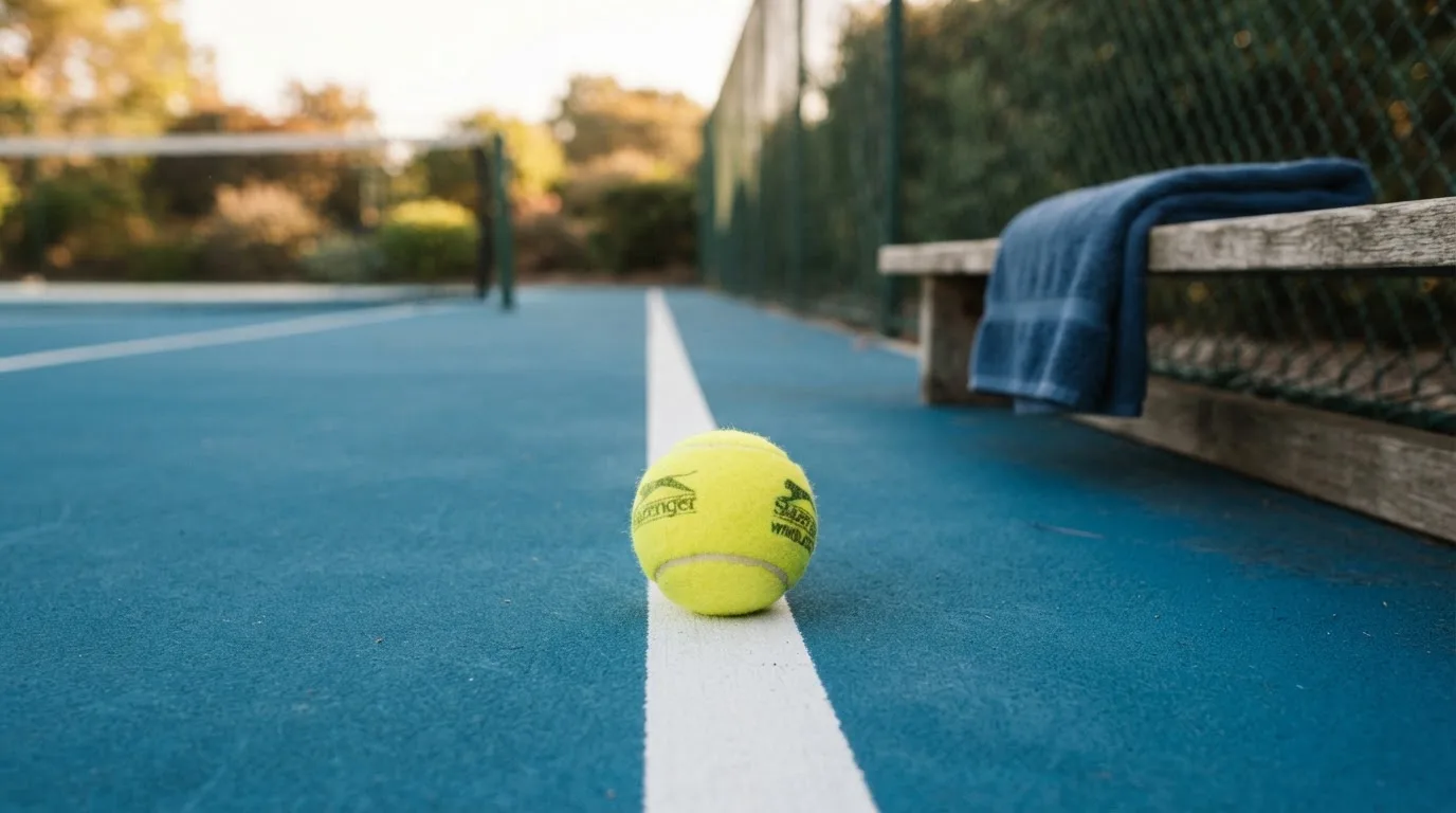 Ein gelber Tennisball liegt auf einer weißen Linie, daneben ein Handtuch auf einer Bank am Spielfeldrand.
