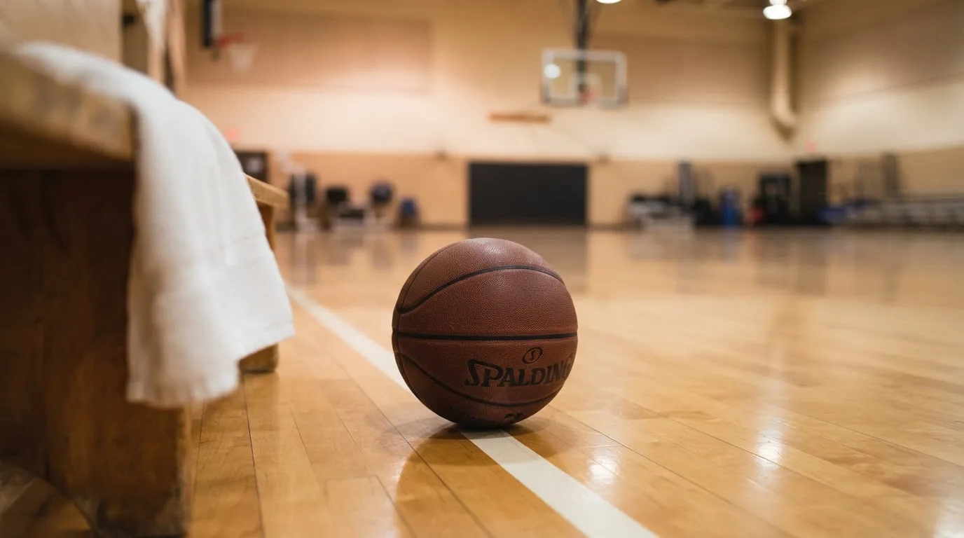 Ein Basketball liegt auf der Freiwurflinie einer Halle, im Vordergrund ein Handtuch auf einer Bank.