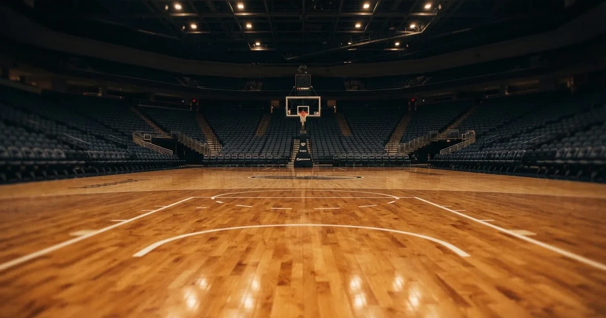 Eine leere Basketballhalle mit glänzendem Parkett und einem Korb im Hintergrund, Licht von Deckenstrahlern spiegelt sich im Boden.