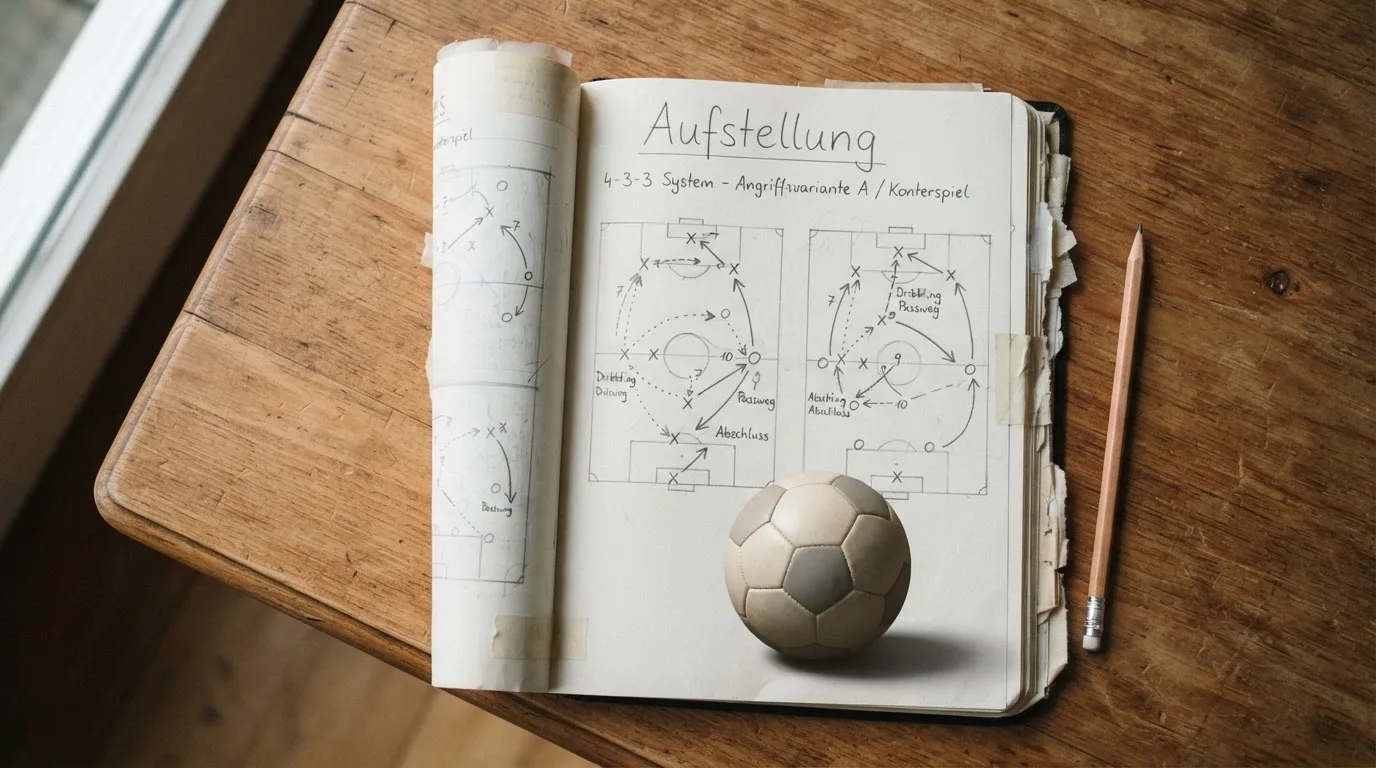 Ein Fußball liegt auf einem Notizbuch mit handgezeichneten Skizzen von Spielzügen, aufgenommen von oben auf einem Holztisch.