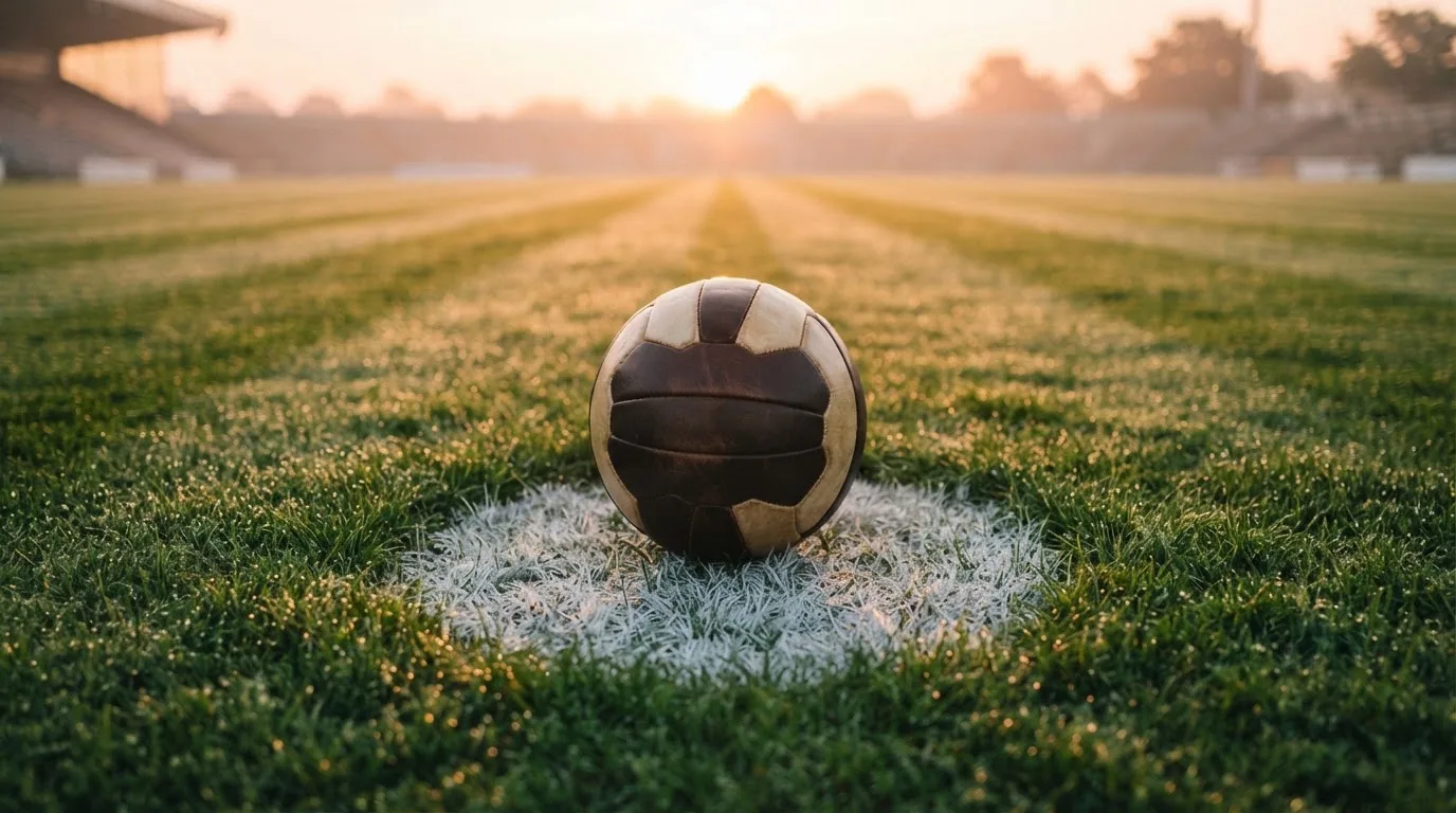 Ein Fußball liegt auf dem Anstoßpunkt eines Rasens bei Sonnenaufgang, Tau glitzert auf den Halmen.