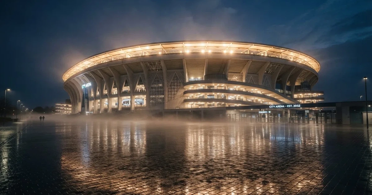 Ein großes Fußballstadion bei Flutlicht von außen, davor ein leerer Vorplatz mit nassem Pflaster und Dunst.