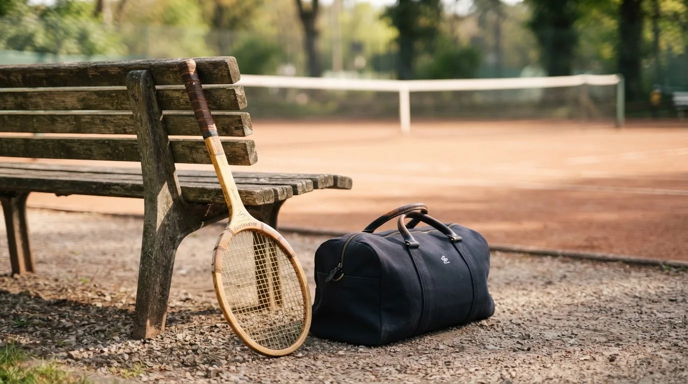 Ein Tennisschläger lehnt an einer Bank neben einer Sporttasche, im Hintergrund ein leerer Platz.
