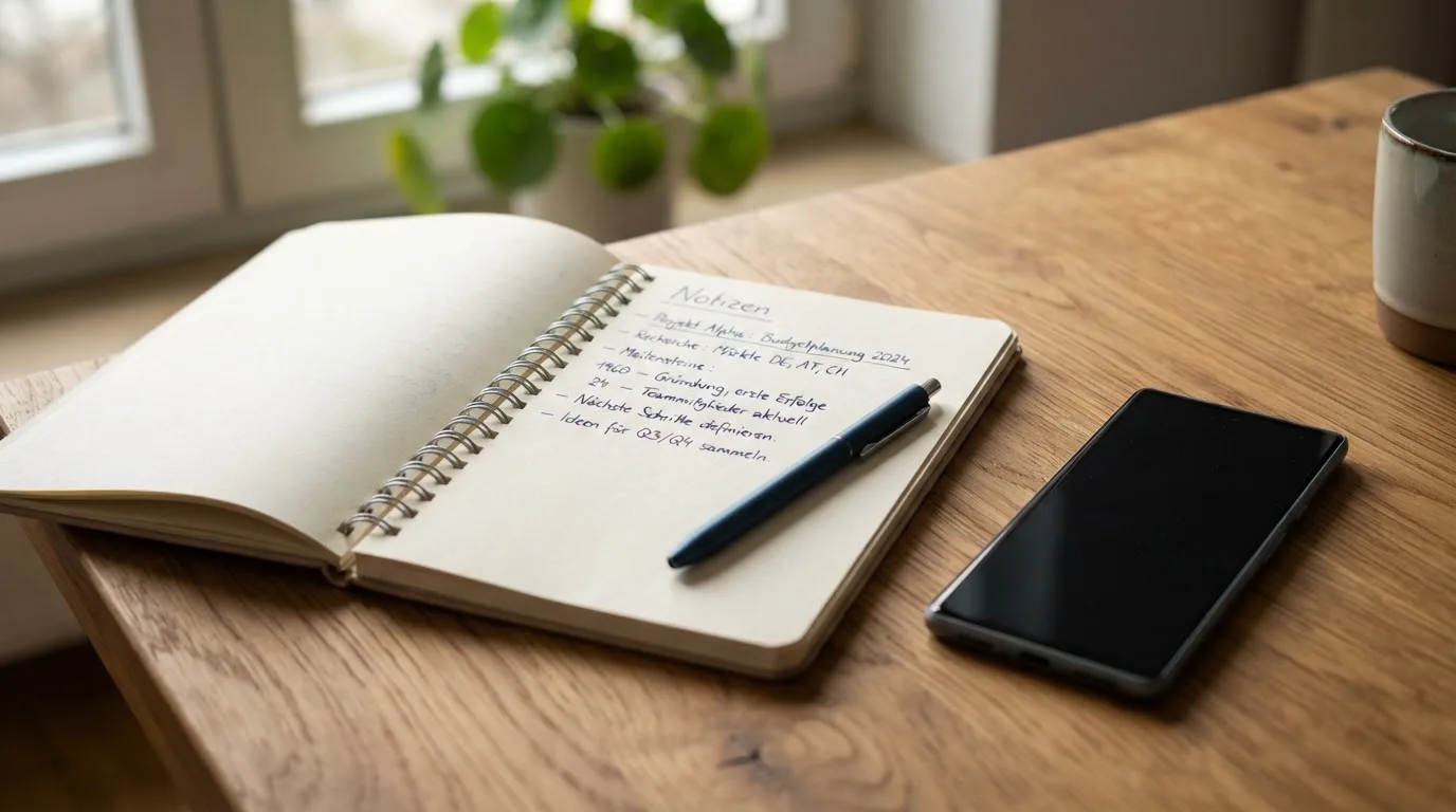 Ein Notizbuch mit handschriftlichen Notizen und ein Kugelschreiber liegen neben einem Smartphone mit dunklem Display auf einem Holztisch.