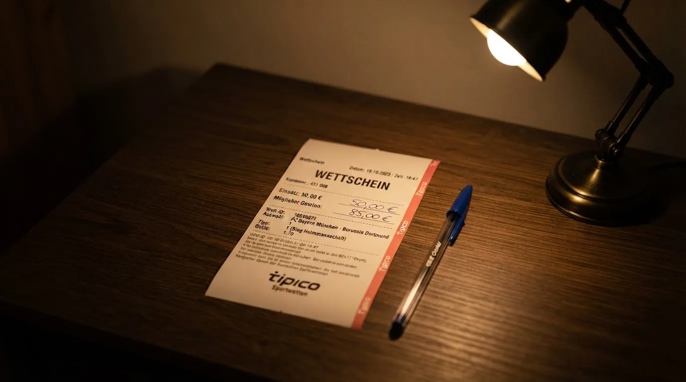 Ein leerer Wettschein aus Papier liegt neben einem Stift auf einem Schreibtisch im Licht einer kleinen Tischlampe.