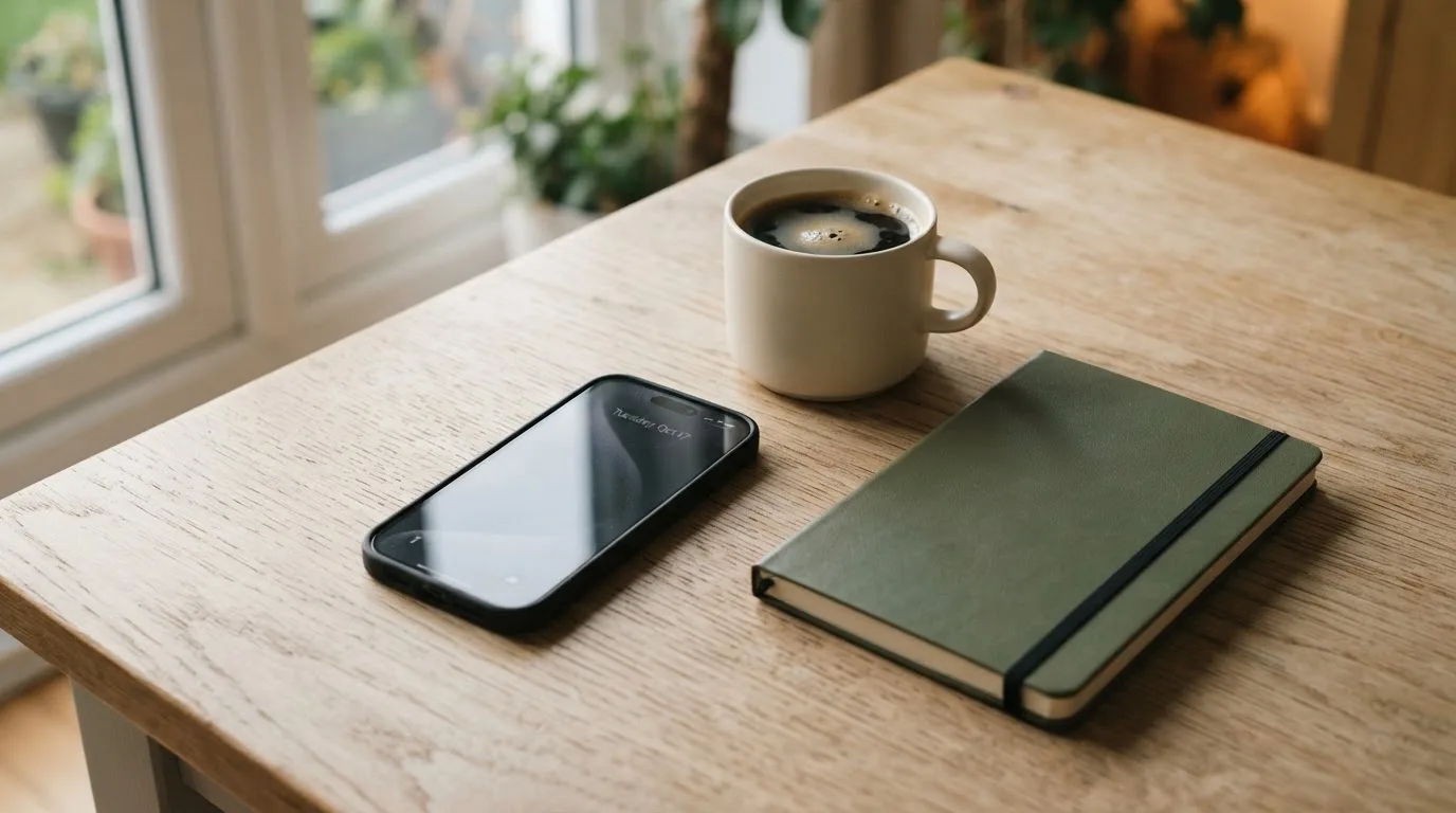 Ein Smartphone mit dunklem Display liegt neben einer Kaffeetasse und einem Notizblock auf einem hellen Tisch.