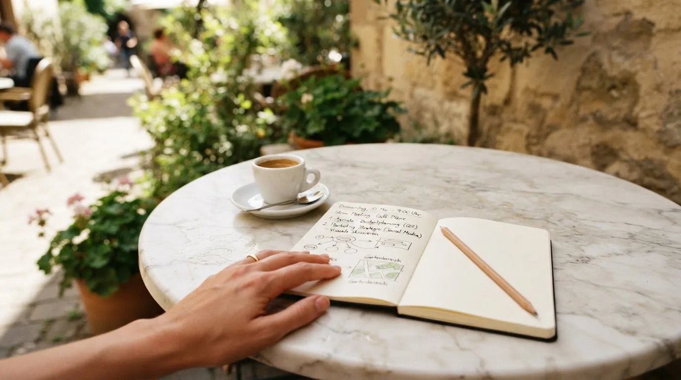 Eine Espressotasse steht auf einem kleinen Marmortisch einer Terrasse, daneben ein Notizheft mit handschriftlichen Skizzen.