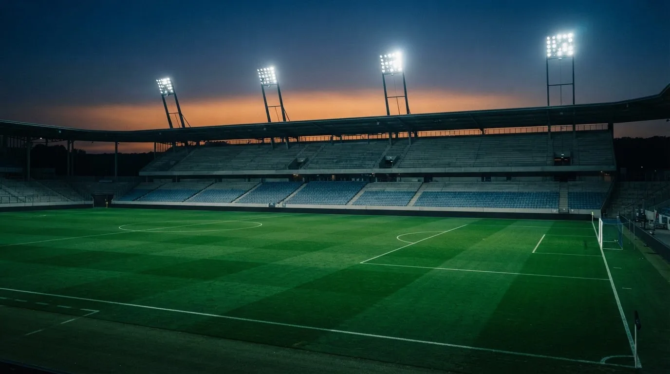 Eine leere Stadiontribüne unter Flutlicht aus der Ferne betrachtet, die Rasenfläche leuchtet grün in der Dämmerung.