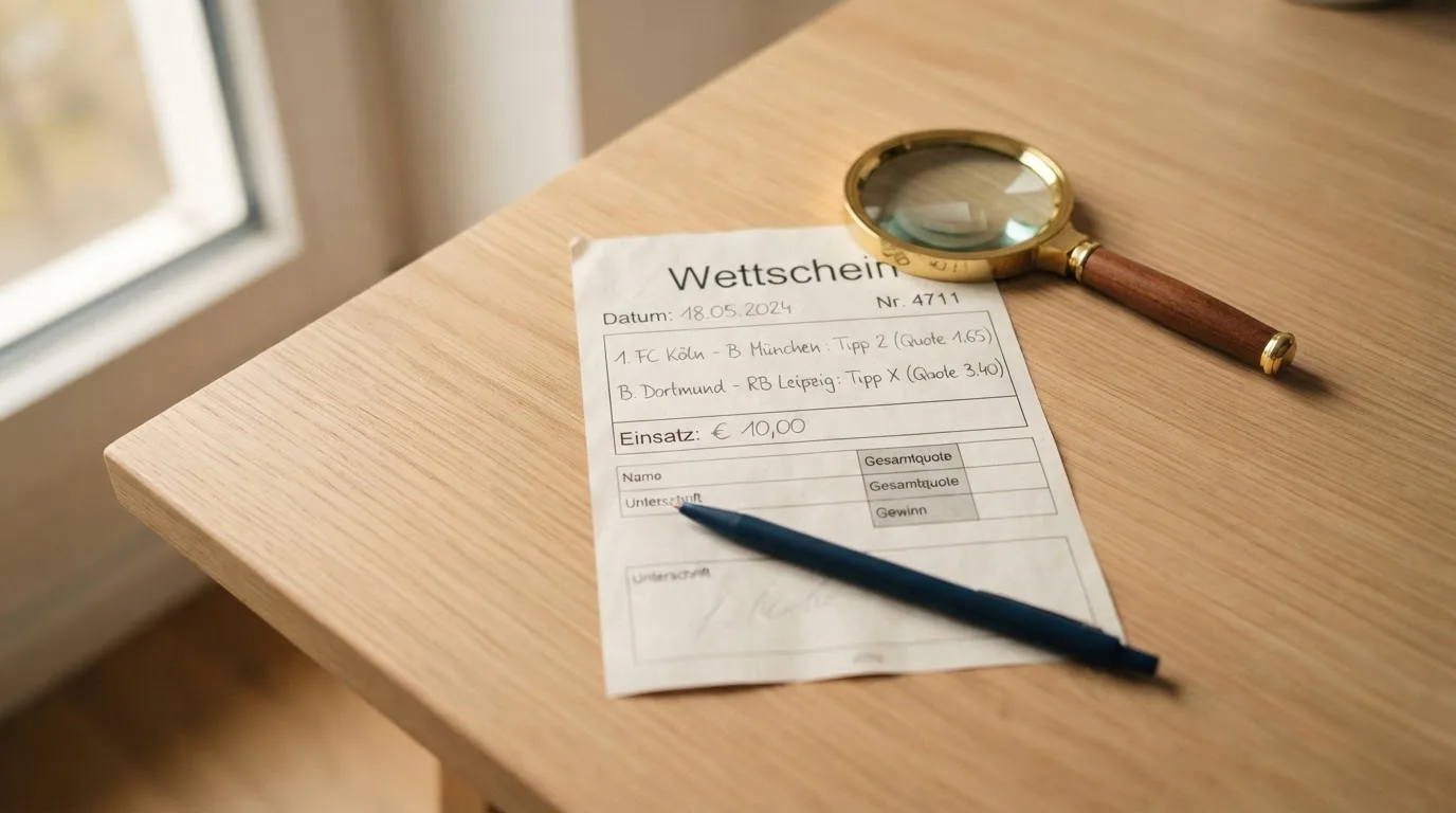 Ein leerer Wettschein aus Papier und ein Kugelschreiber liegen auf einem Schreibtisch neben einer Lupe.