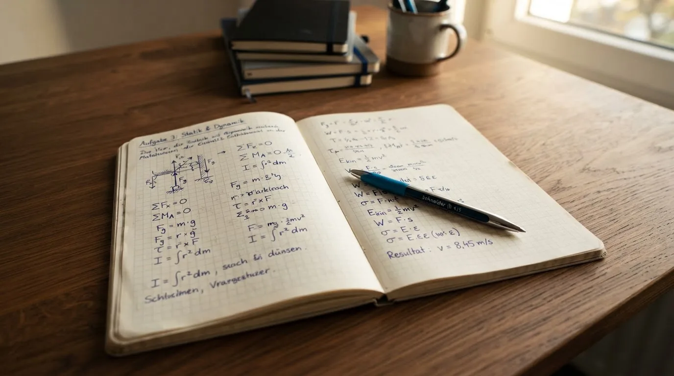 Ein Notizbuch mit handschriftlichen Rechnungen und ein Taschenrechner liegen auf einem aufgeräumten Schreibtisch in warmem Licht.