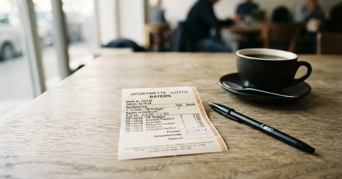 Ein leerer Papier-Wettschein liegt neben einem Kugelschreiber und einer Kaffeetasse auf einem hellen Holztisch, Tageslicht von links.