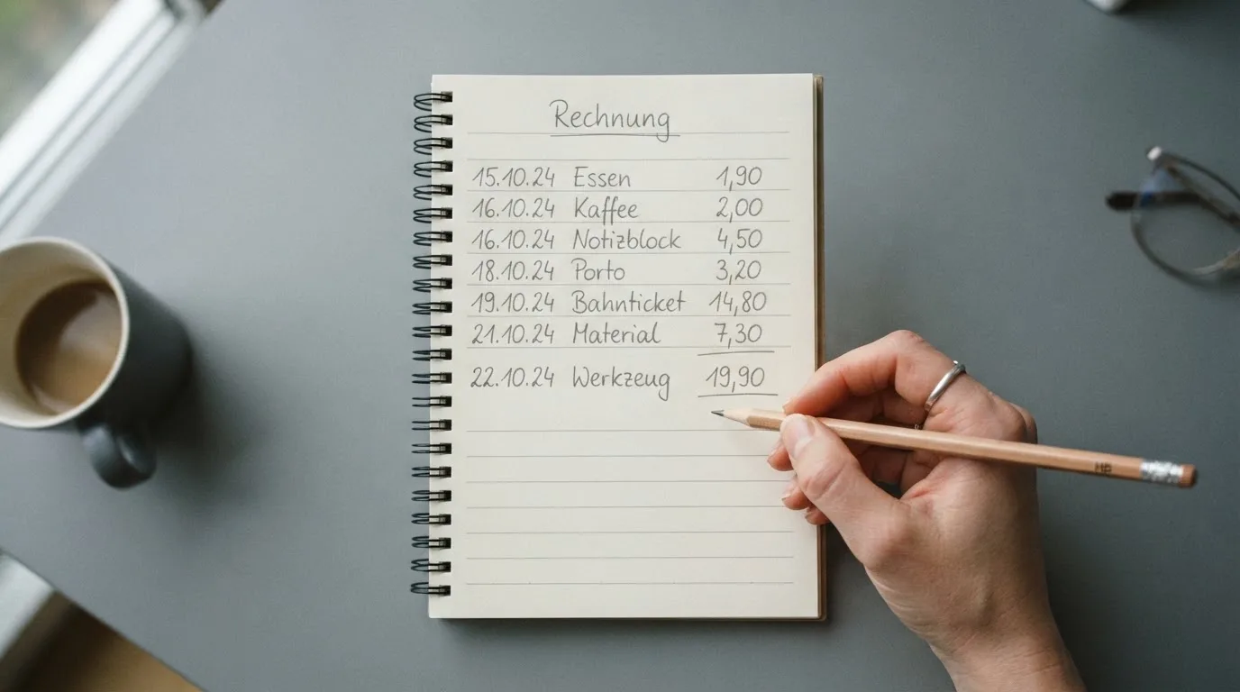 Ein Taschenrechner, ein Bleistift und ein Block mit handschriftlichen Zahlenreihen liegen auf einer grauen Arbeitsfläche.