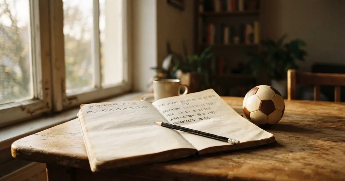 Ein Notizbuch mit handschriftlichen Strichlisten, ein Bleistift und ein kleiner Fußball liegen auf einem Schreibtisch vor einem Fenster.