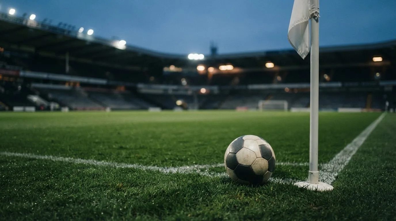 Ein Fußball liegt neben einem Eckfahnen-Pfosten auf einem Rasenplatz, im Hintergrund ein leeres Stadion in der Dämmerung.