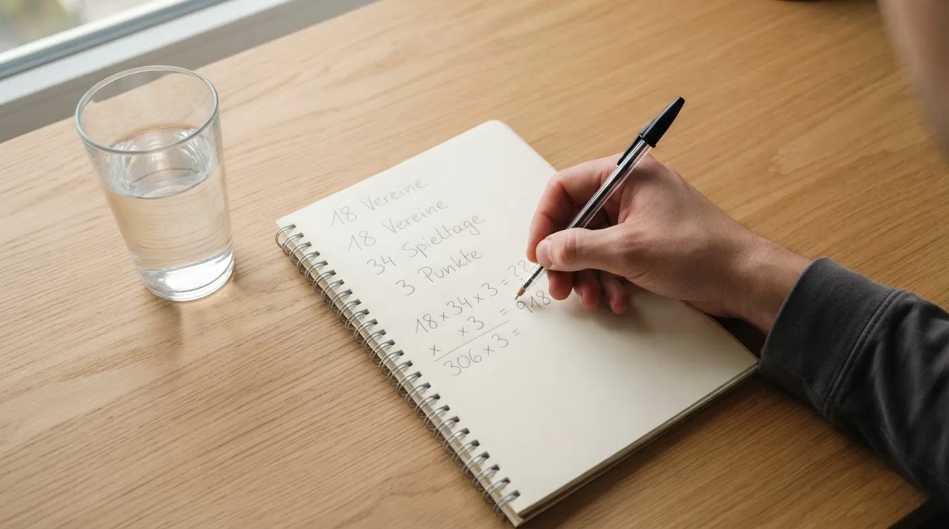 Ein Taschenrechner liegt auf einem Schreibtisch neben einem Block mit handschriftlichen Rechnungen und einem Glas Wasser.