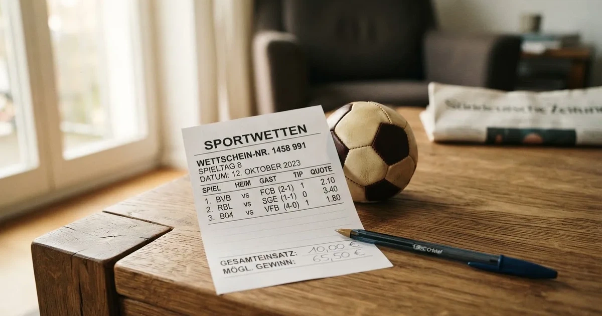 Ein leerer Papier-Wettschein und ein Kugelschreiber liegen neben einem kleinen Fußball auf einem Holztisch, weiches Fensterlicht.