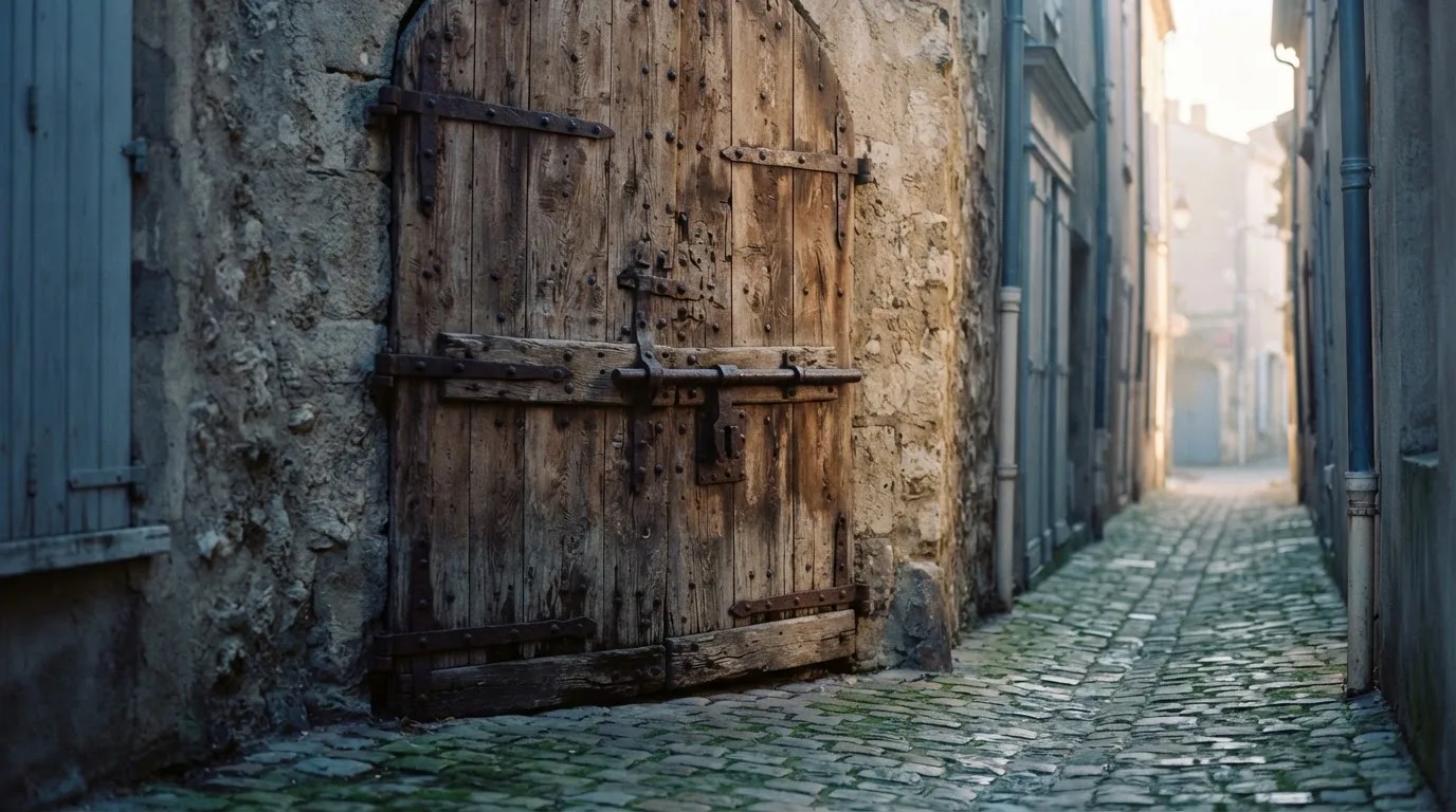 Ein massives Holztor mit eisernem Riegel steht in einer ruhigen Gasse im Morgenlicht.
