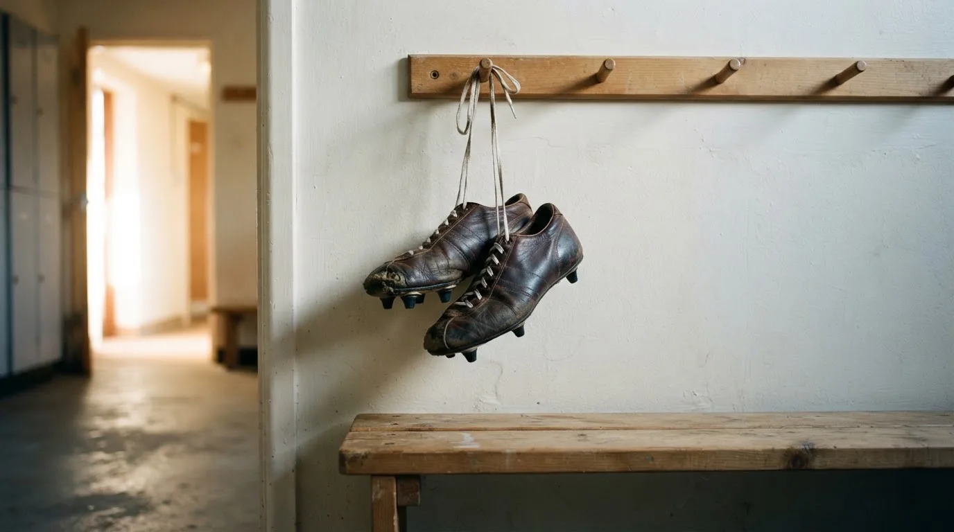 Ein Paar Fußballschuhe hängt an den Schnürsenkeln an einem Holzhaken in einer leeren Umkleidekabine.