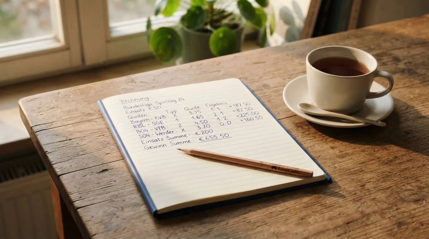 Ein Schreibtisch mit Taschenrechner, Bleistift und einem Block voller handschriftlicher Rechnungen, daneben eine Tasse Tee.