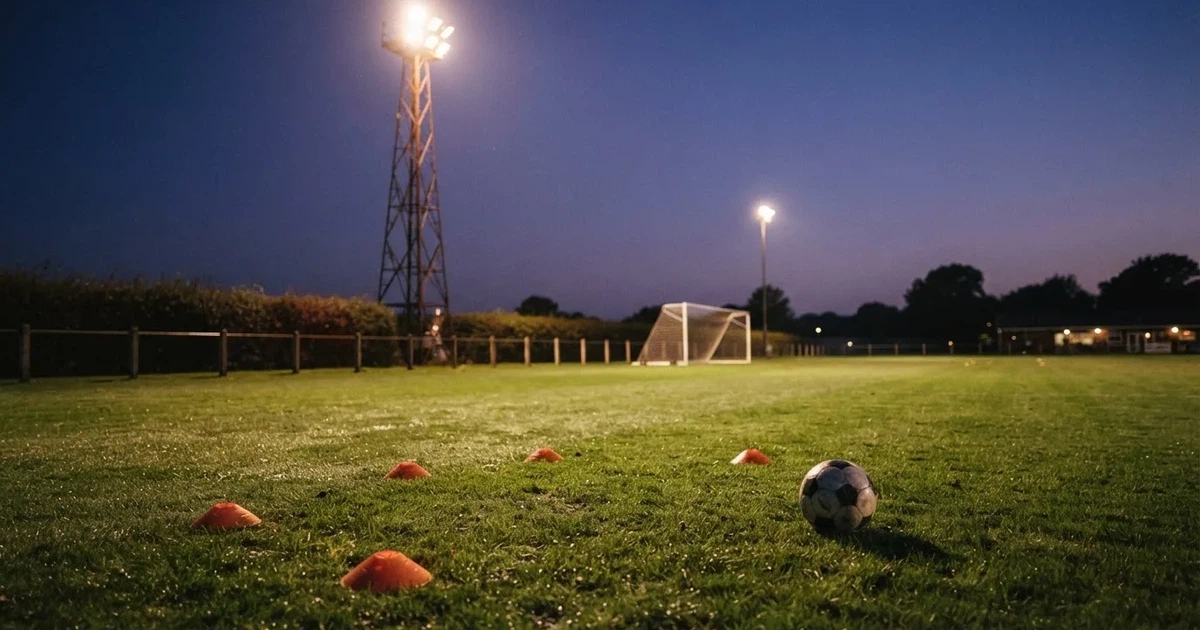 Eine Flutlichtanlage ragt über einen Trainingsplatz, auf dem Rasen liegen verstreut Hütchen und ein Ball, am Himmel die Abenddämmerung.
