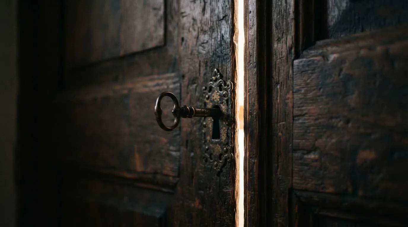 Ein Schlüssel steckt im Schloss einer massiven Holztür, Licht fällt durch einen schmalen Spalt.