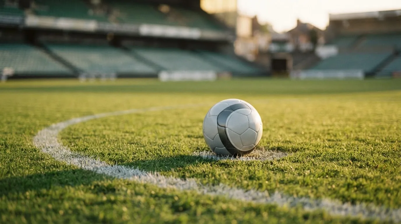 Ein Fußball liegt auf dem Rasen im Mittelkreis, die Kreidelinien führen scharf ins Bild, dahinter verschwimmt eine Tribüne.