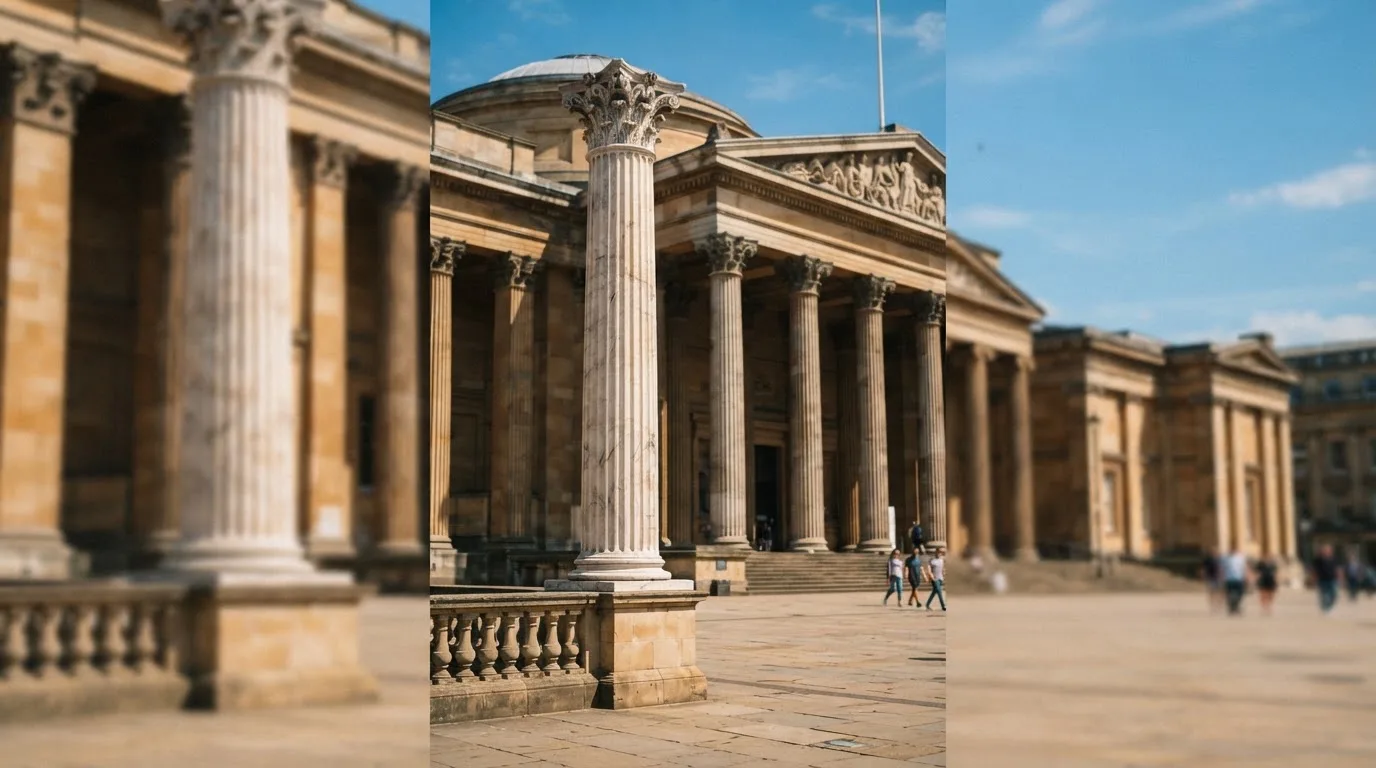 Eine Marmorsäule vor einem klassischen Gebäude, im Hintergrund blauer Himmel.