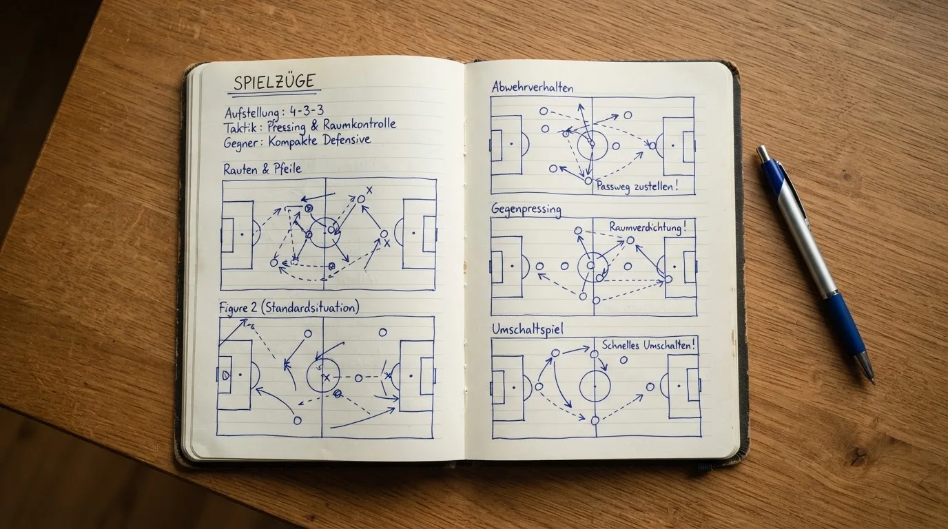 Ein aufgeschlagenes Notizbuch mit handschriftlichen Skizzen von Spielzügen liegt neben einem Kugelschreiber auf einem Holztisch.