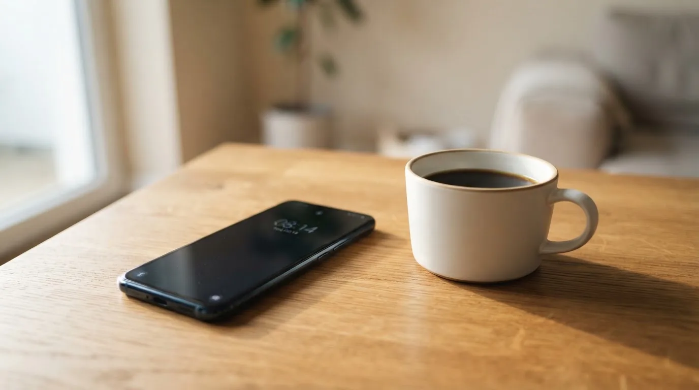 Ein Smartphone mit dunklem Display liegt neben einer Kaffeetasse auf einem Holztisch im Licht eines Fensters.