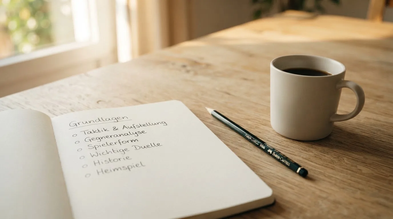 Ein aufgeschlagenes Notizbuch mit handgeschriebenen Stichpunkten und ein Bleistift liegen neben einer Kaffeetasse auf einem hellen Holztisch.