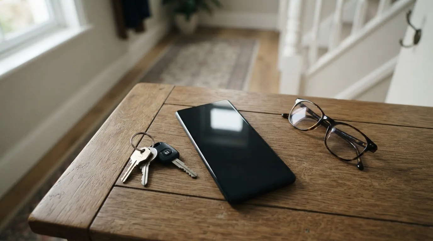 Ein Smartphone liegt mit dunklem Display auf einem Holztisch neben einem Schlüsselbund und einer Brille im Licht eines Fensters.